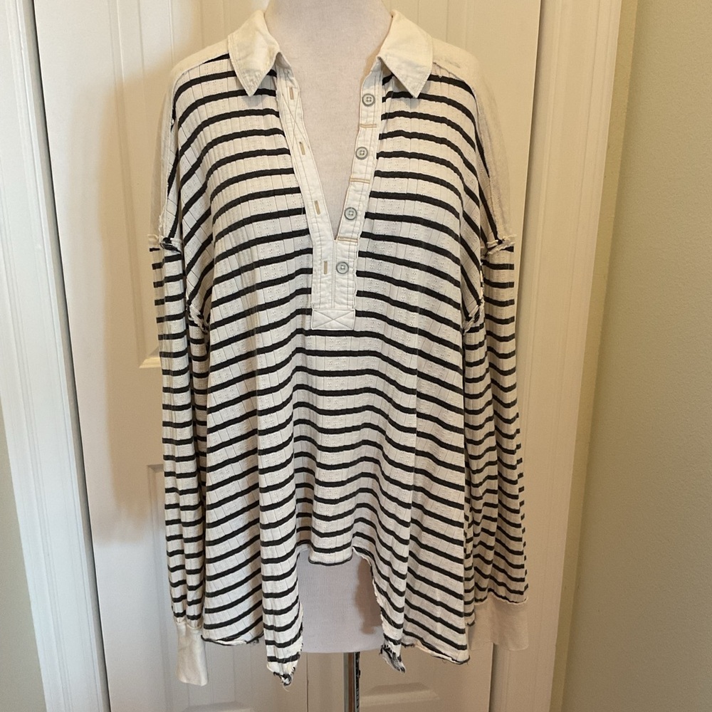 We The Free Striped Button Henley Top in Cream and Black